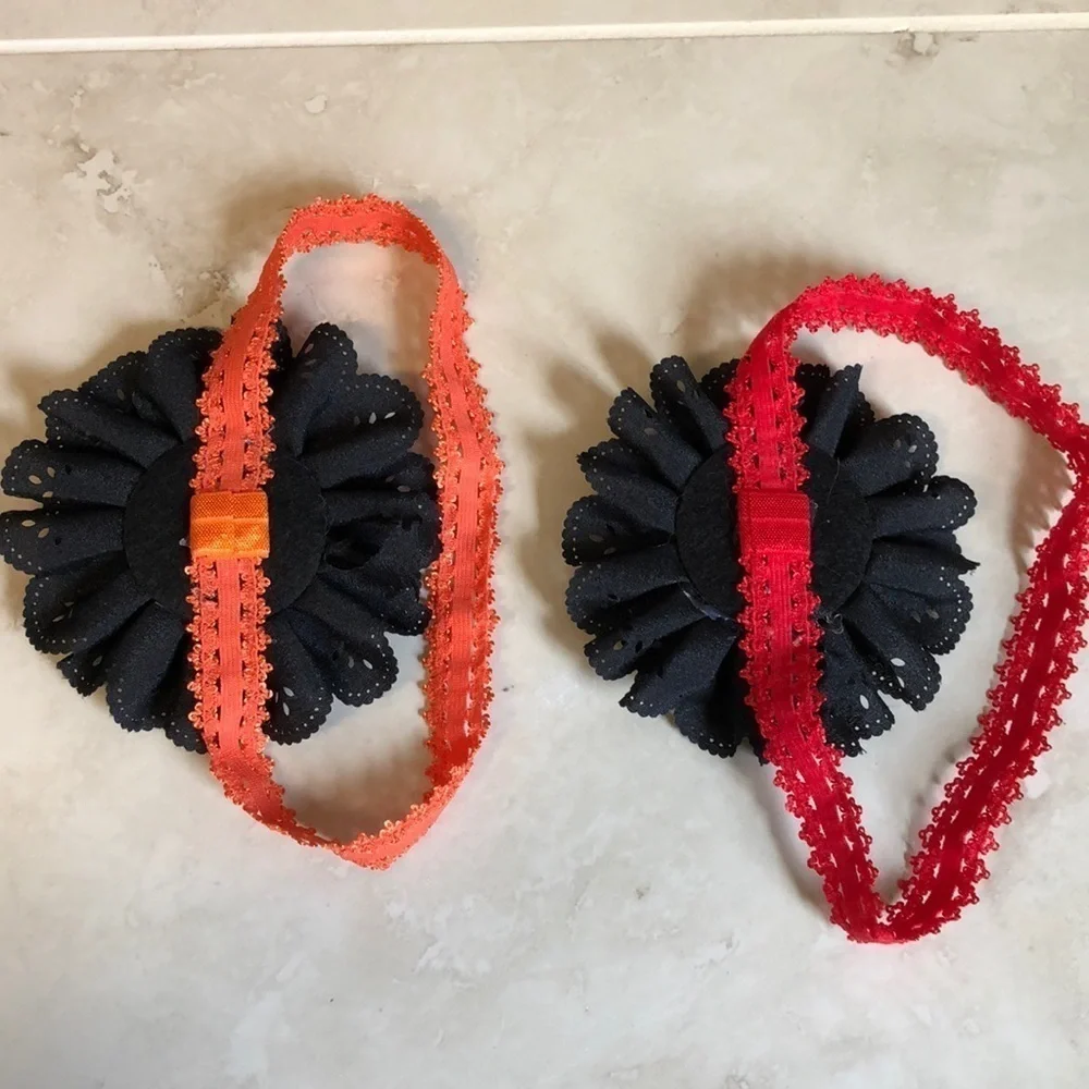 2/$15 Set of 2 Black Flower Headbands Red & Orange Lace Stretch Boho Baby Girls